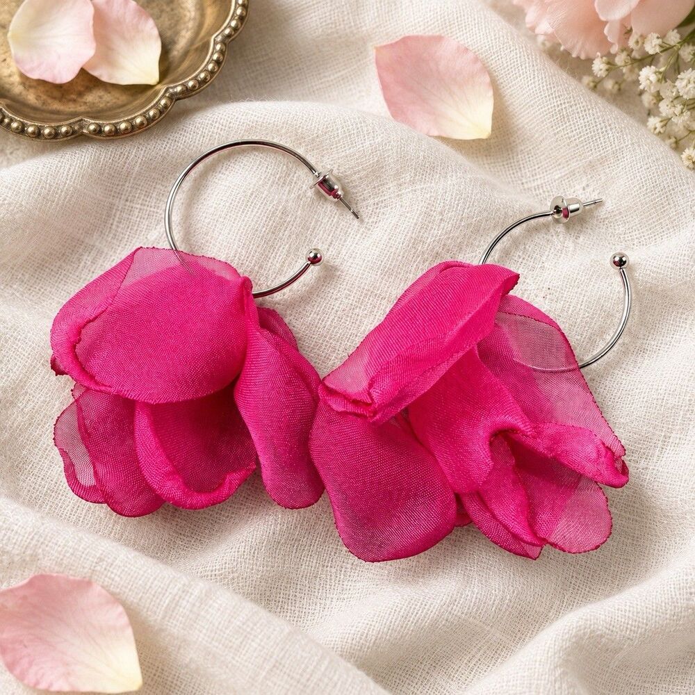 Fuchsia Pink Fabric Flower Hoop Earrings Silver Tone Statement Floral